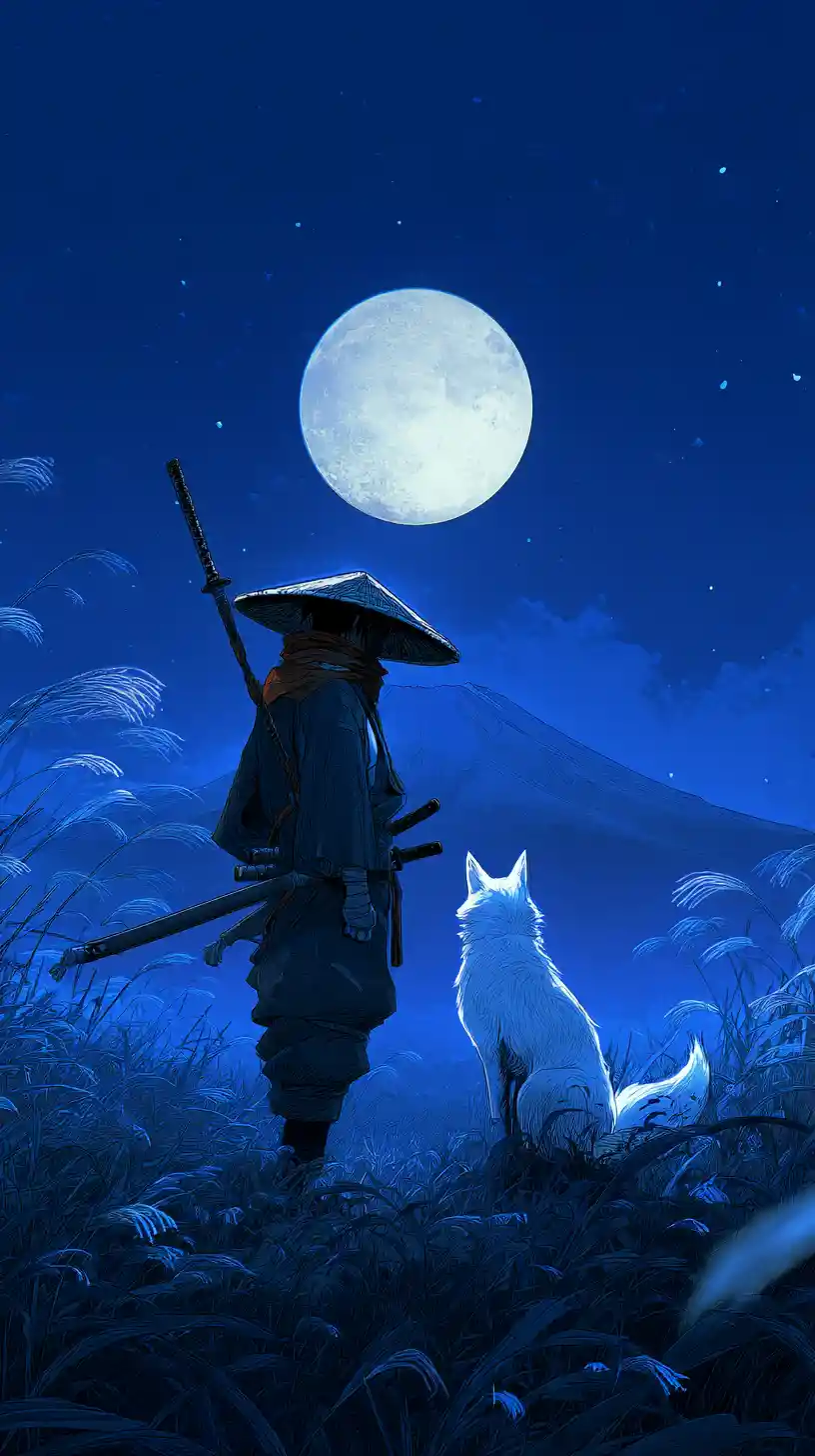 Ronin solitario con volpe spirituale sotto un cielo illuminato dalla luna