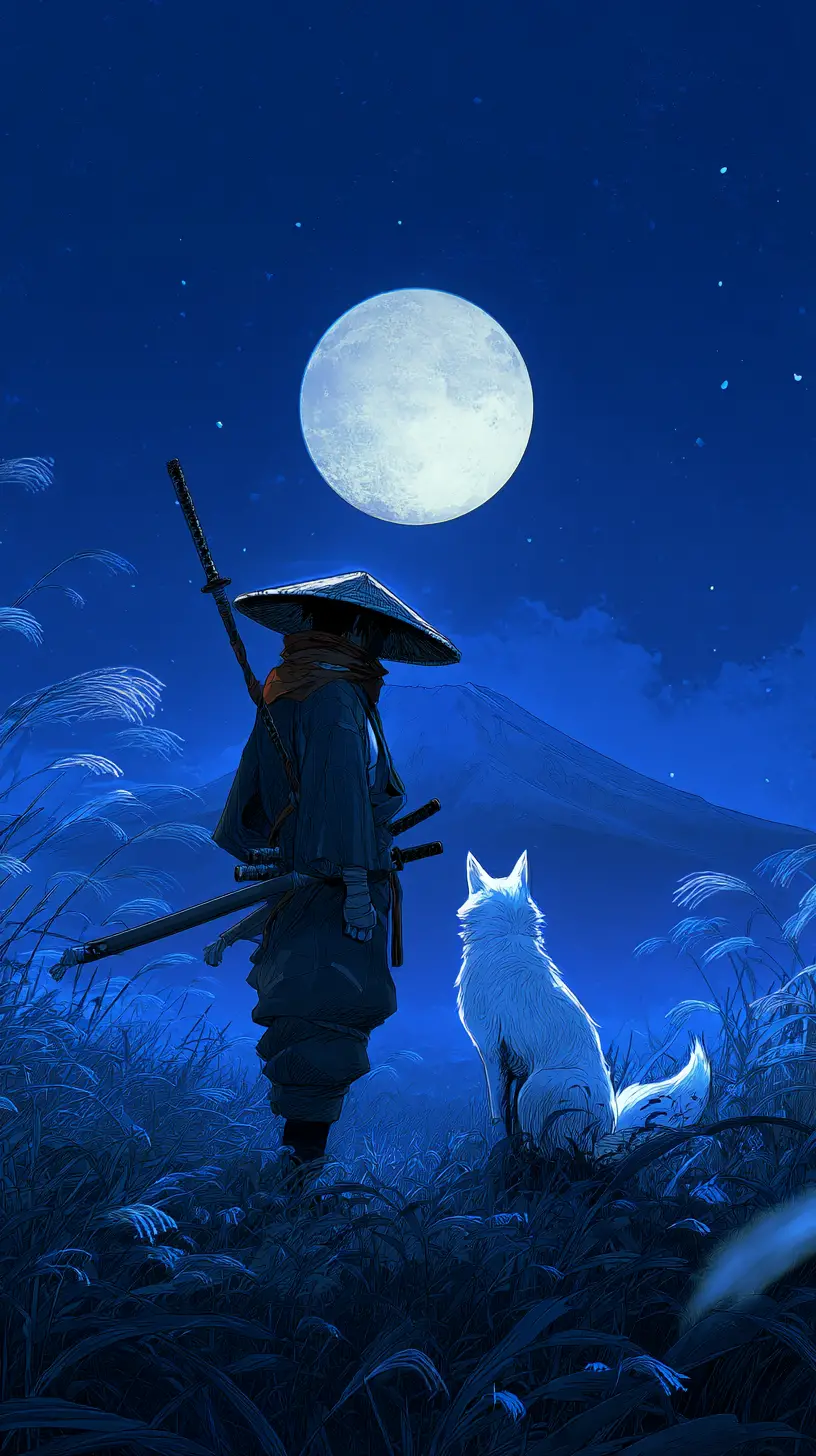 Einsamer Ronin mit Geisterfuchs unter mondbeschienenem Himmel