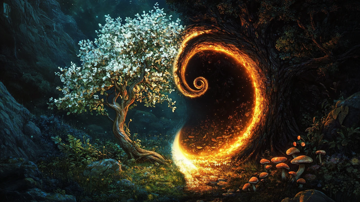 Árboles yin yang de vida y decadencia con detalles luminosos