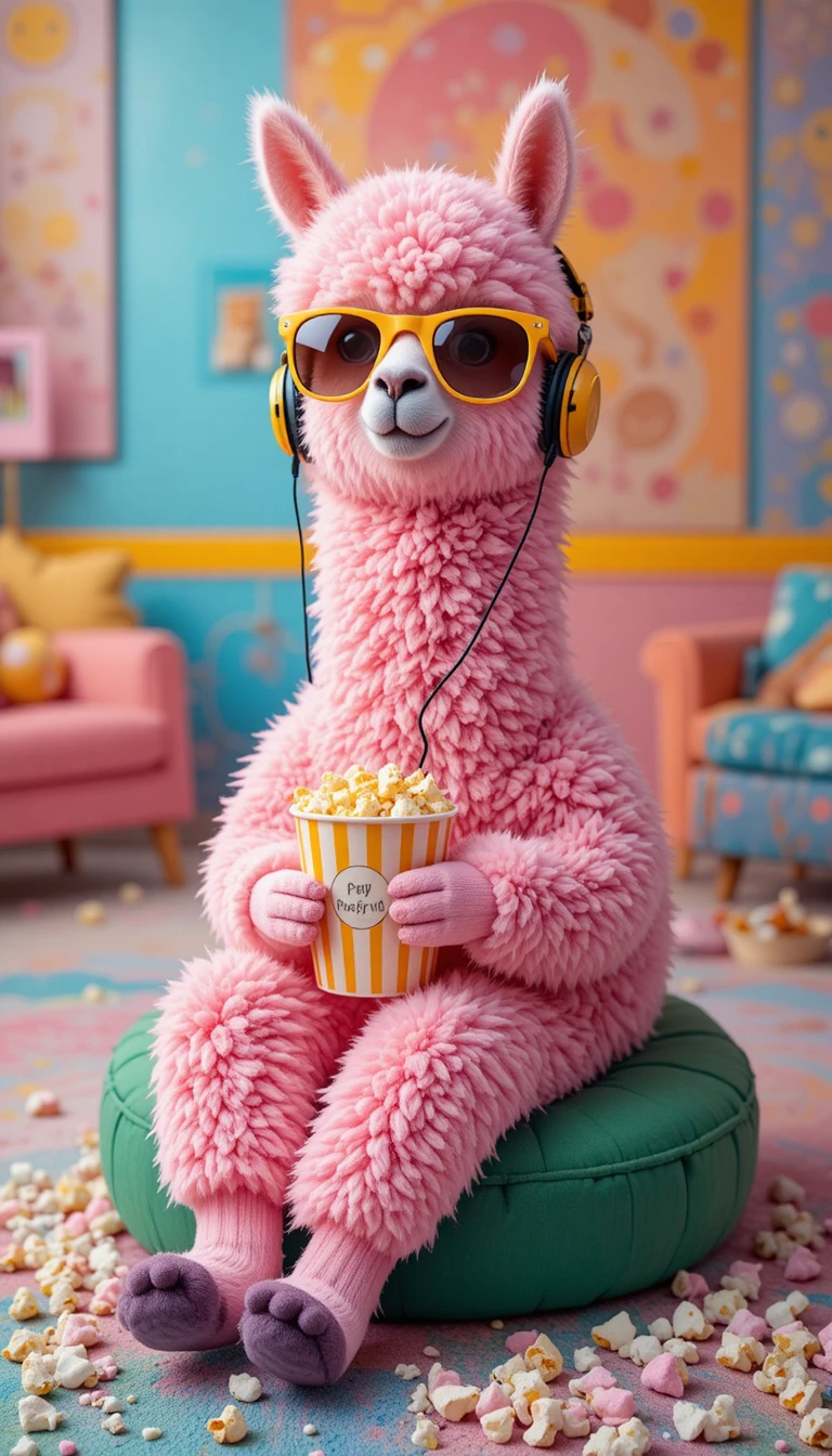 Alpaca rosa com pipoca usando fones de ouvido e óculos de sol