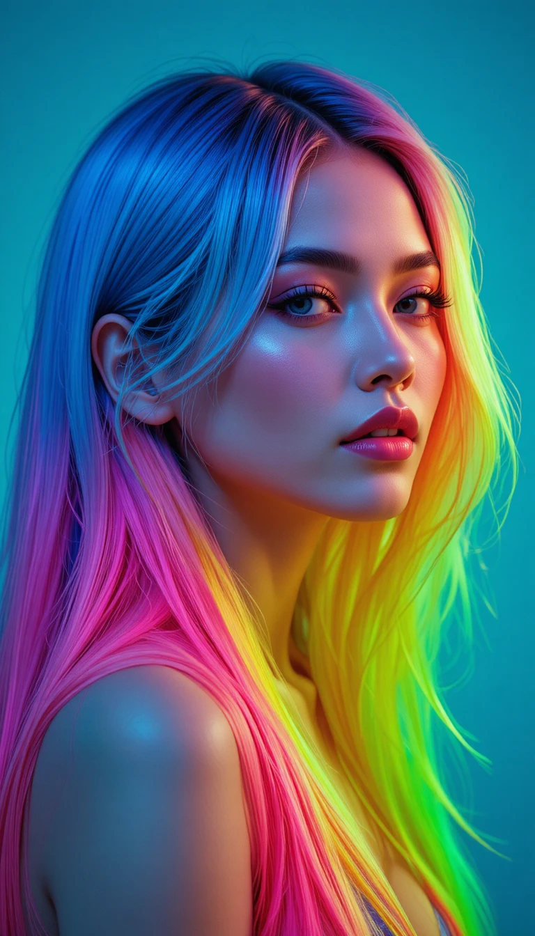 Mulher de cabelo neon colorido em retrato digital cinematográfico