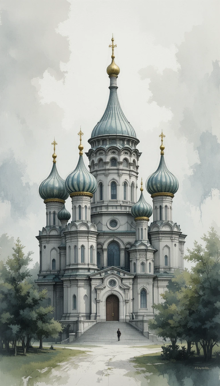 Cupole di chiesa russa in delicato stile acquerello
