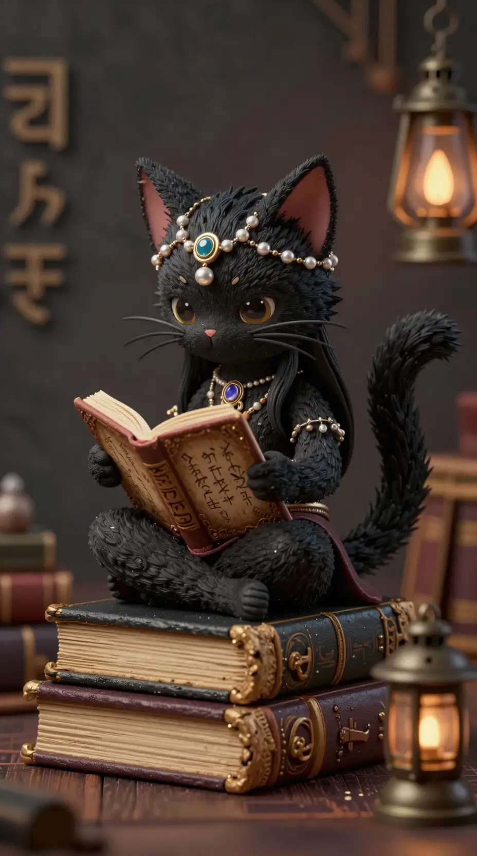 Donna fata gatto chibi che legge antichi libri