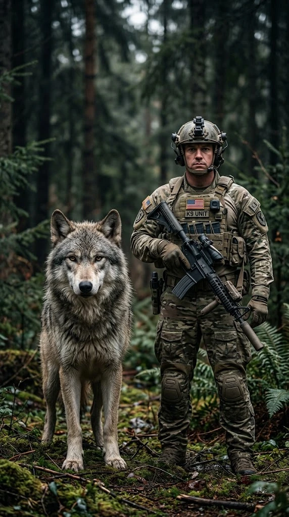 Lobo‑cinzento selvagem ao lado de soldado em cena de floresta cinematográfica