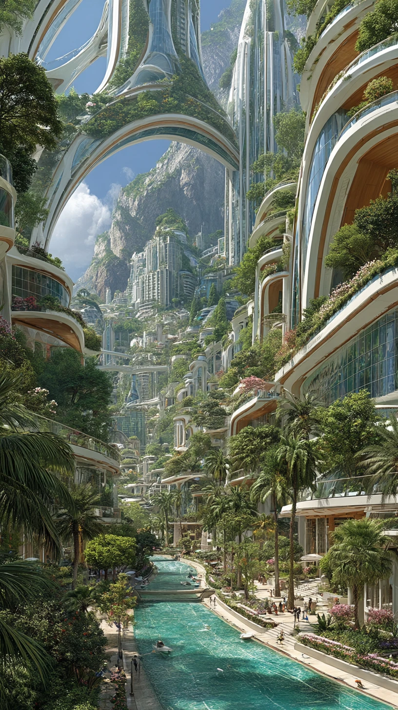Paisagem urbana ecológica futurista com arranha-céus orgânicos