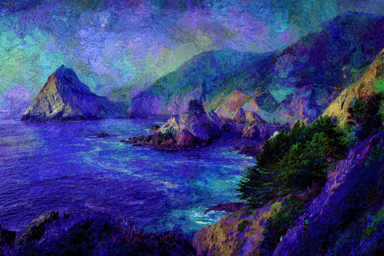 在陸地與海洋交會處描繪繽紛群山的藝術家