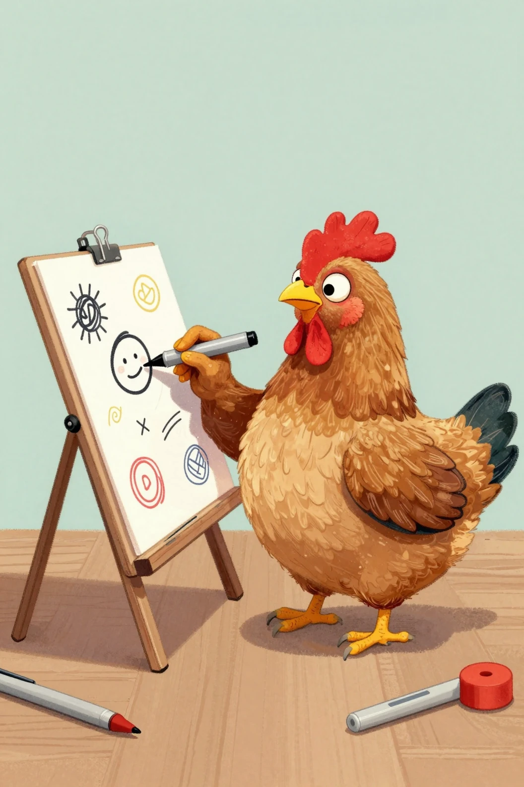 Playful cartoon chicken drawing at an easel in bright colors