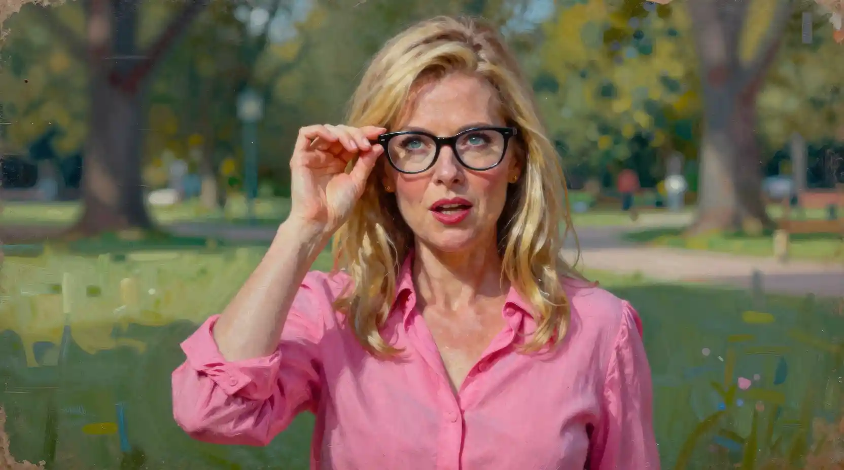 Playful blonde woman in pink blouse in surreal park scene
