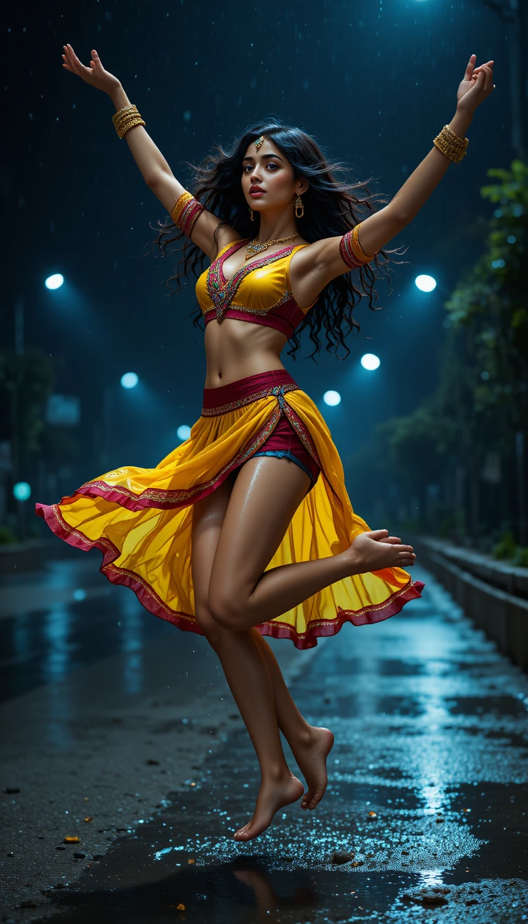 Indian woman dancing mid air on a rainy night street