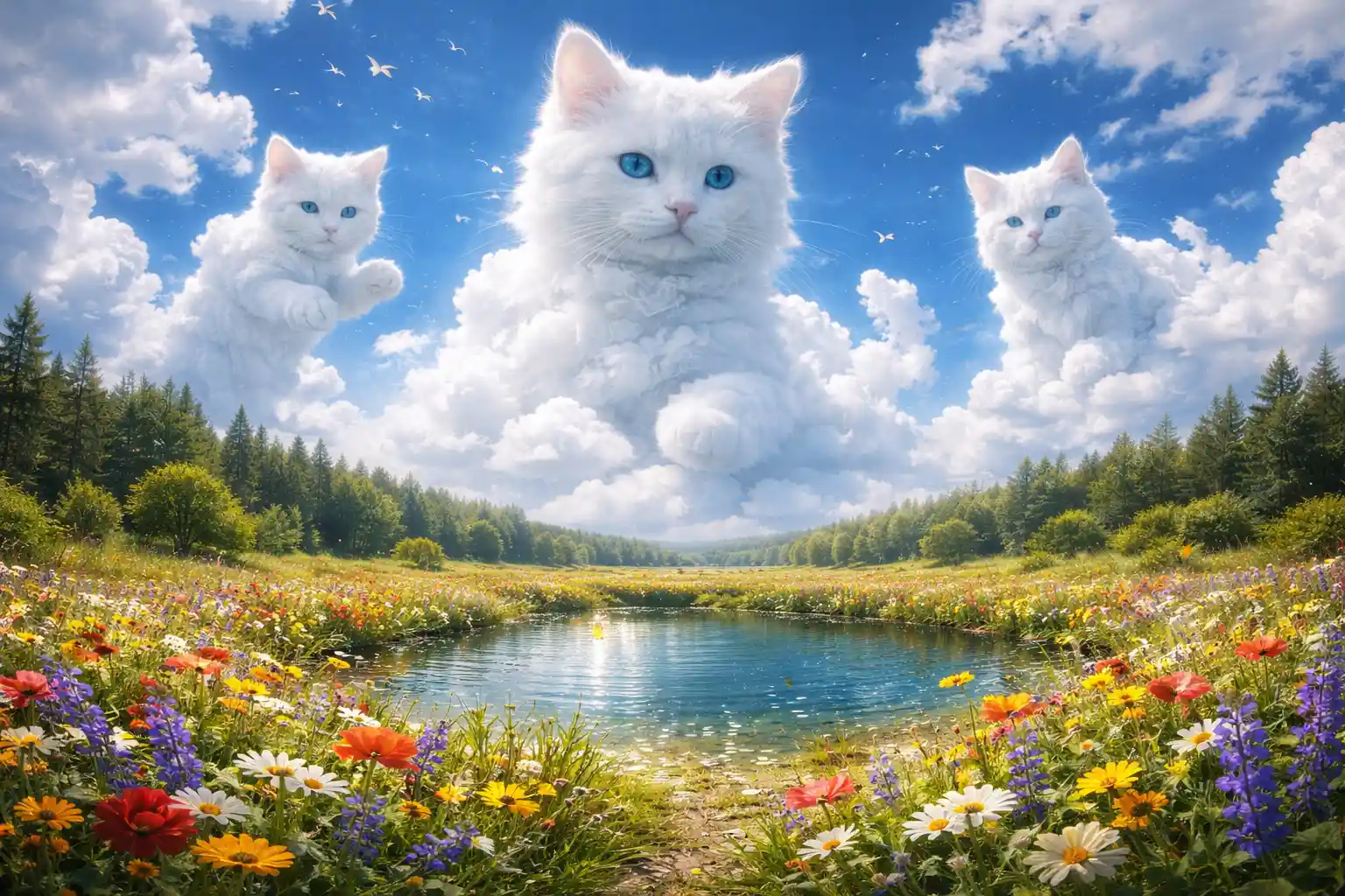 Cloud cats floating above a colorful flower meadow