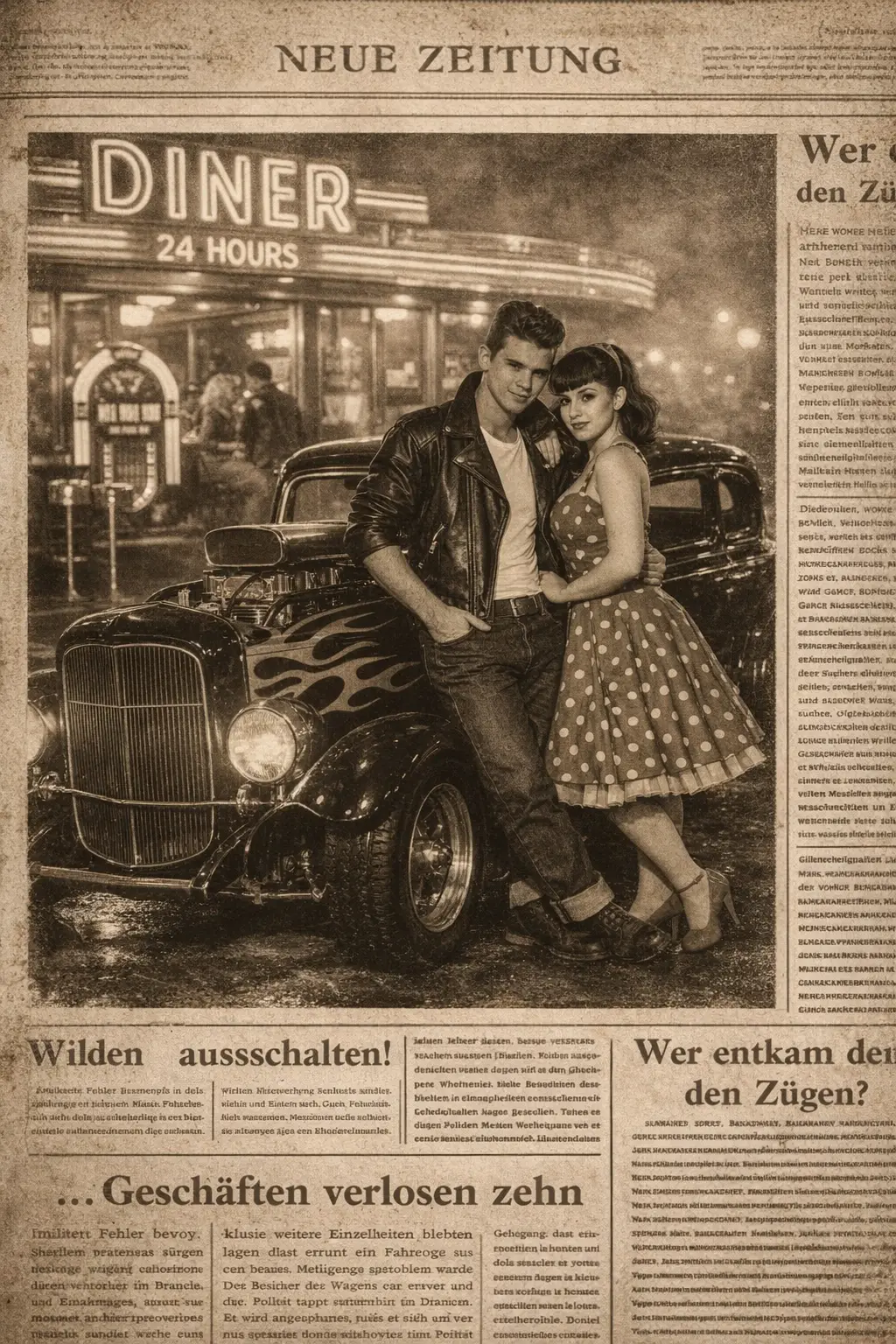 Vintage-Sepia-Zeitungsfoto mit sichtbaren deutschen Texträndern