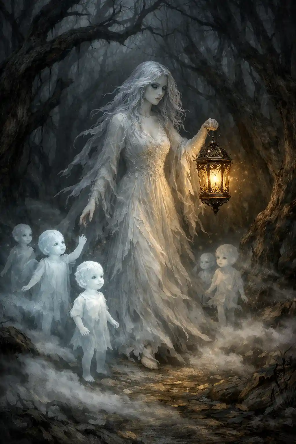 Ethereal Woman Guiding Glowing Child Spirits In Dark Forest