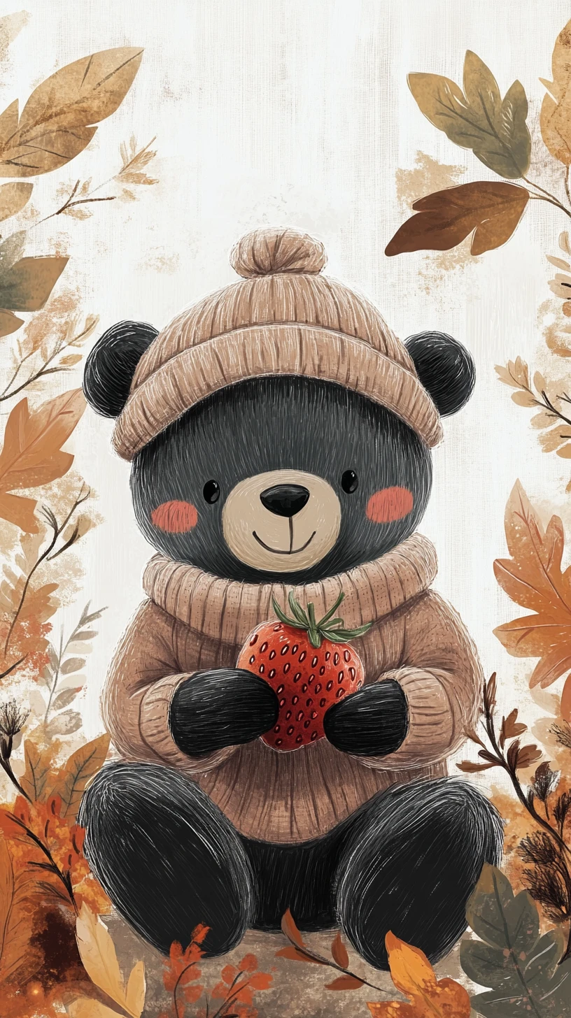 Cute bear with strawberry in a soft spring forest illustration