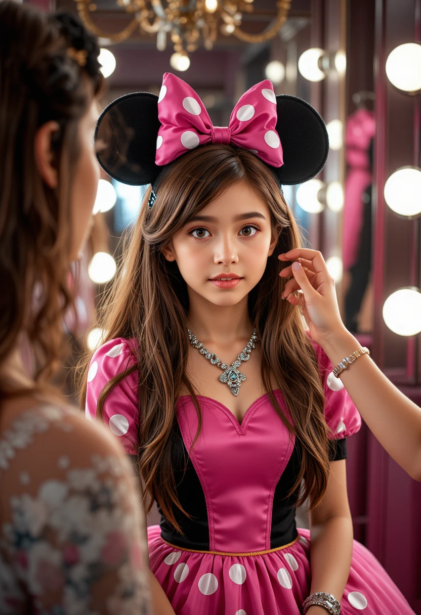 Menino de vestido da Minnie recebendo maquiagem no fundo de uma butique