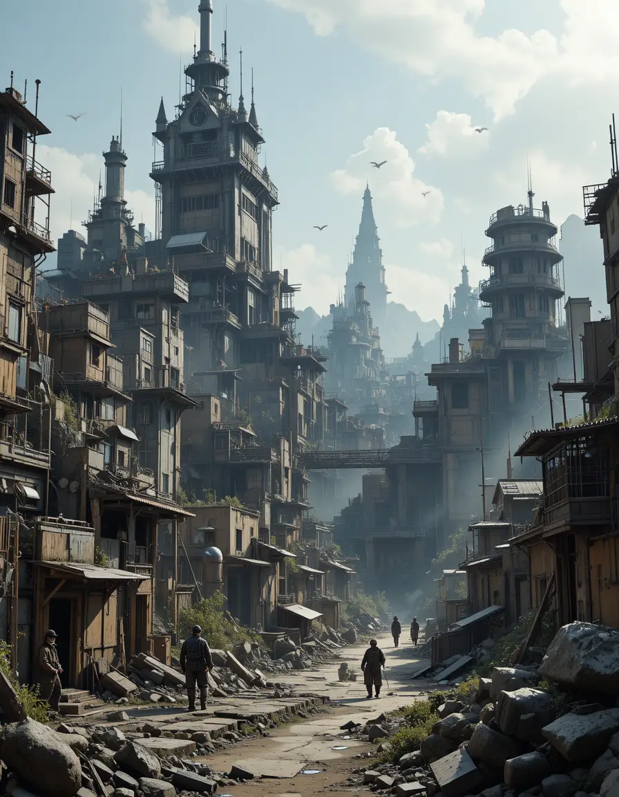 Cyberpunk bandit fortress city in a ruined wasteland