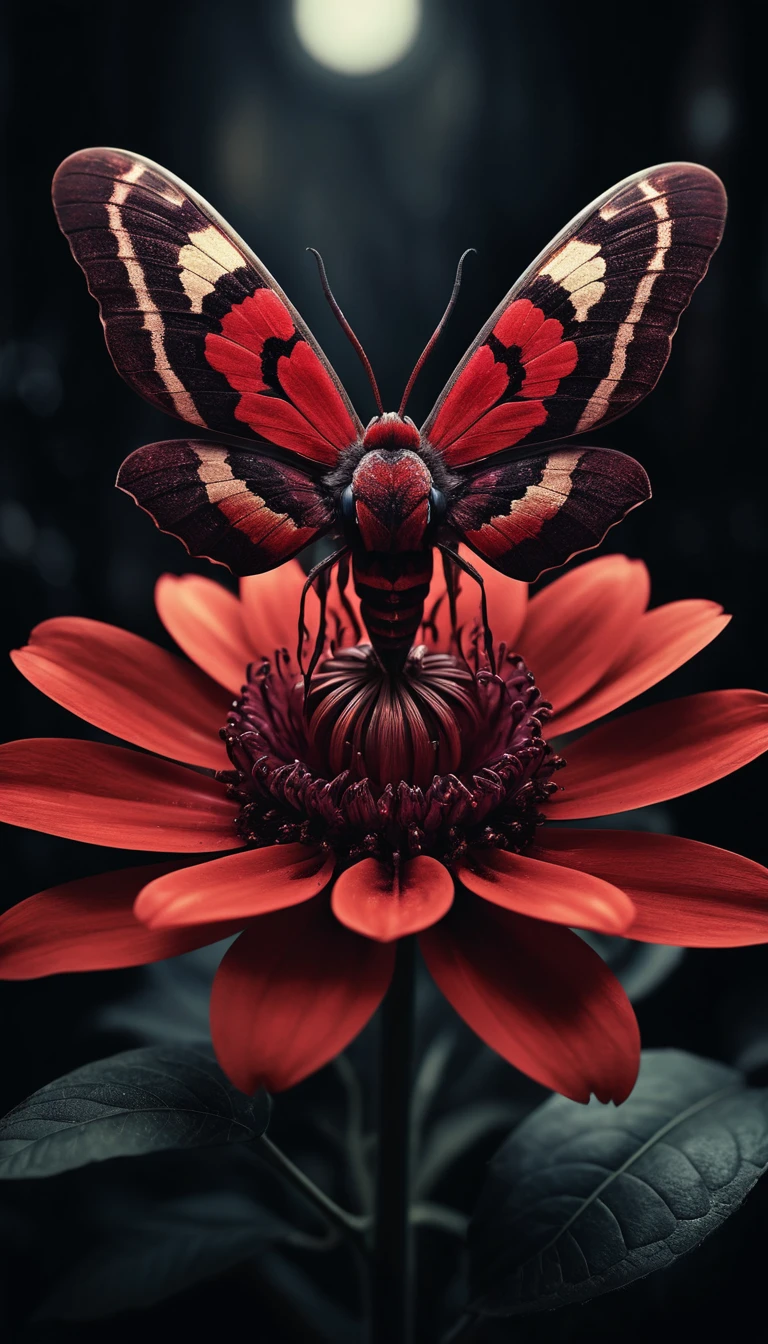 Mariposa-falcão em flor carmesim retorcida sob luz de velas surreal