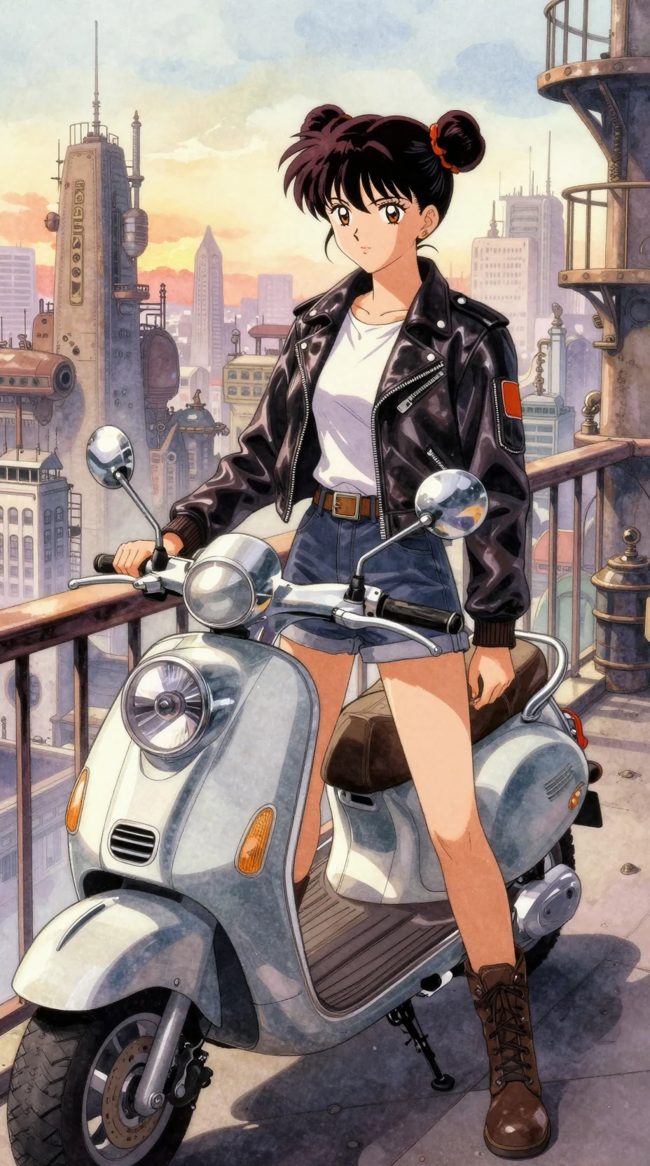Anime-Mädchen auf Balkon über weitläufiger Steampunk-Stadt bei Sonnenuntergang
