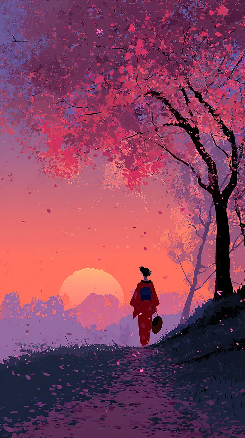 夕陽下漫步在花海景色中的藝伎