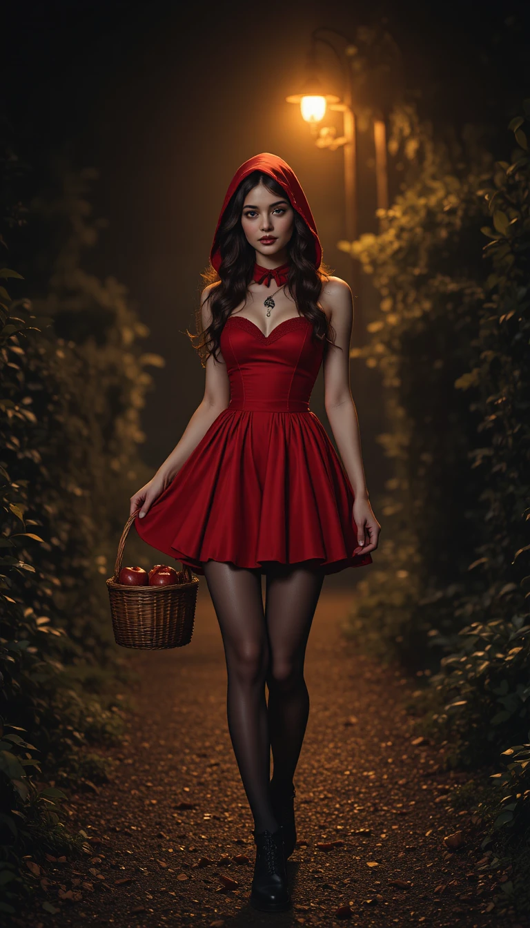 Giovane donna con cappuccio rosso sul sentiero oscuro del bosco