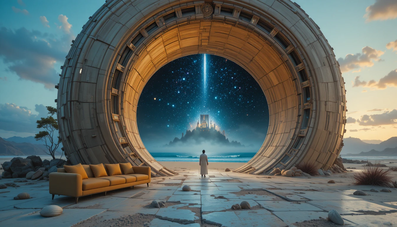 Surreales Spiralgebäude in einer kosmischen Dämmerungslandschaft