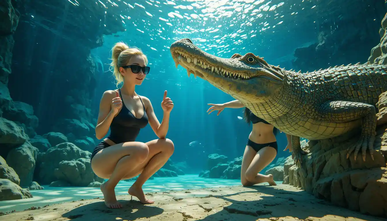 Due donne in costume da bagno posano sott’acqua con un coccodrillo