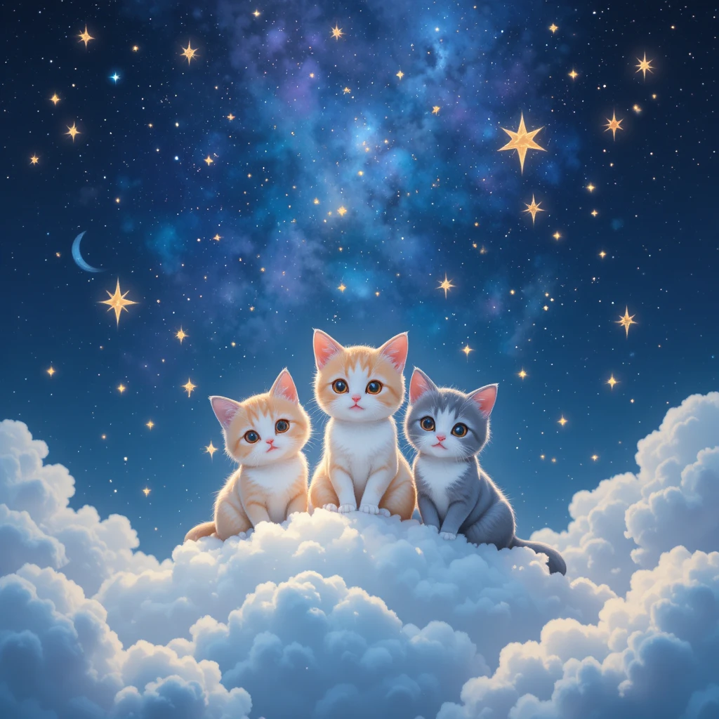 Gatinhos de anime fofos descansando em nuvens sob um céu noturno mágico