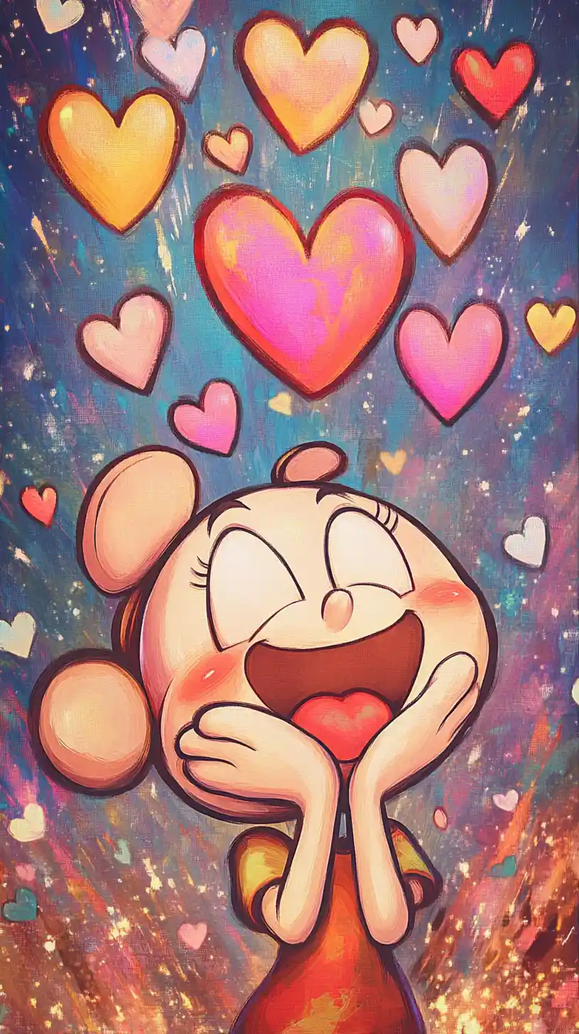 Cartoon character blushing with hearts floating overhead