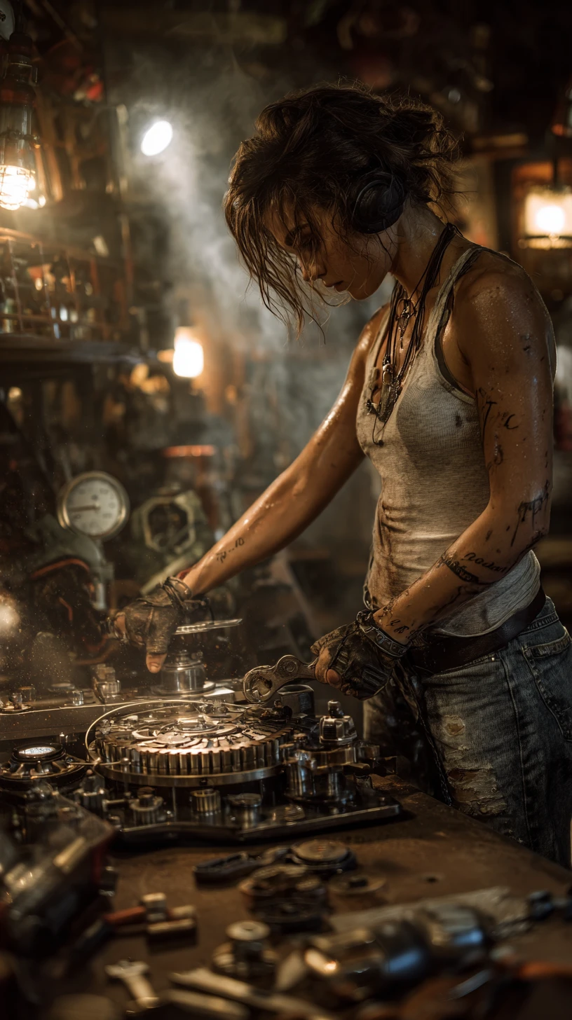 Determined female mechanic repairing a complex steampunk machine