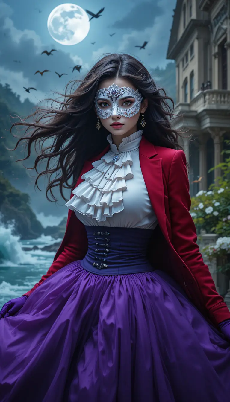 Femme masquée en veste rouge et jupe violette dans un manoir