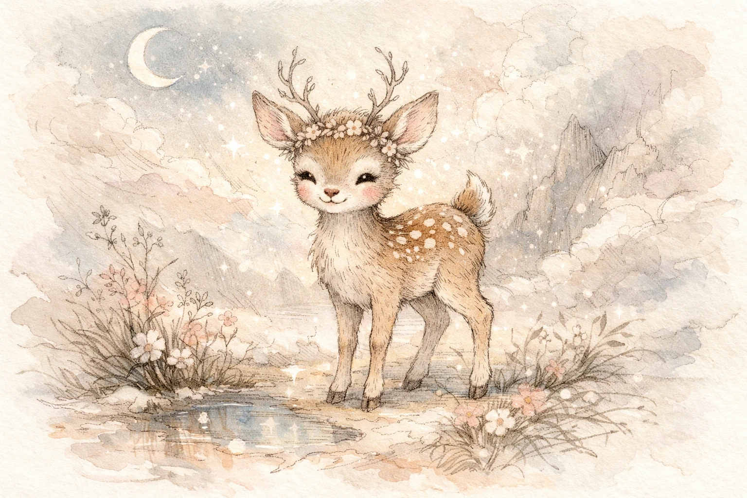 Filhote de Cervo Sorridente em Elegante Ilustração em Nanquim e Aquarela