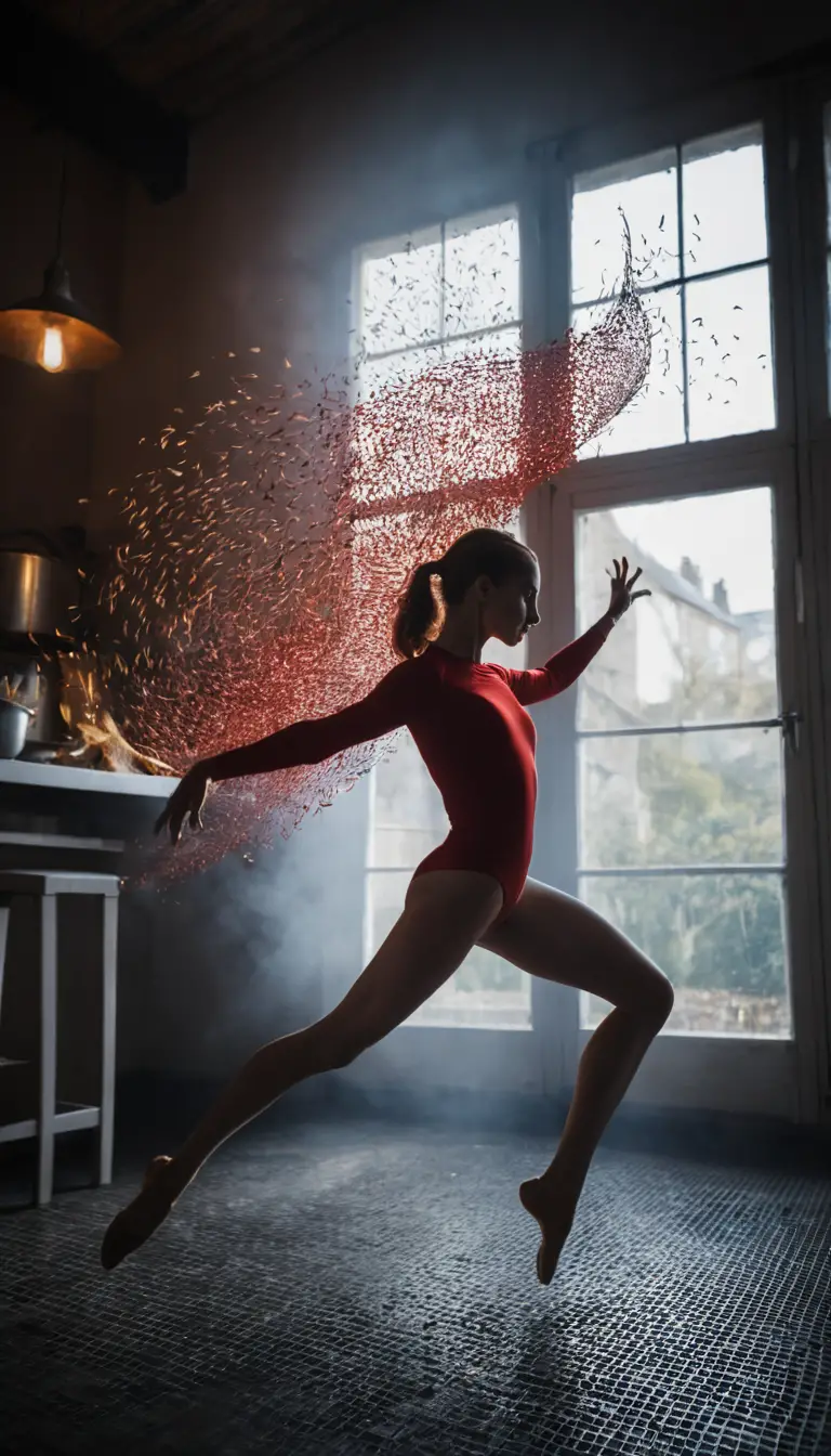 Dancing woman framed by toaster slot with rising toast