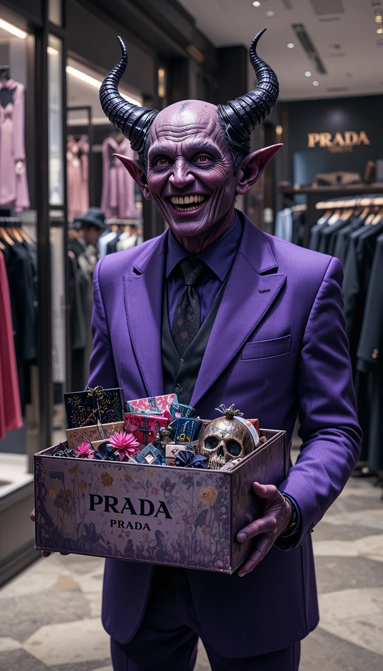 Demone in abito viola che fa shopping in un negozio di lusso