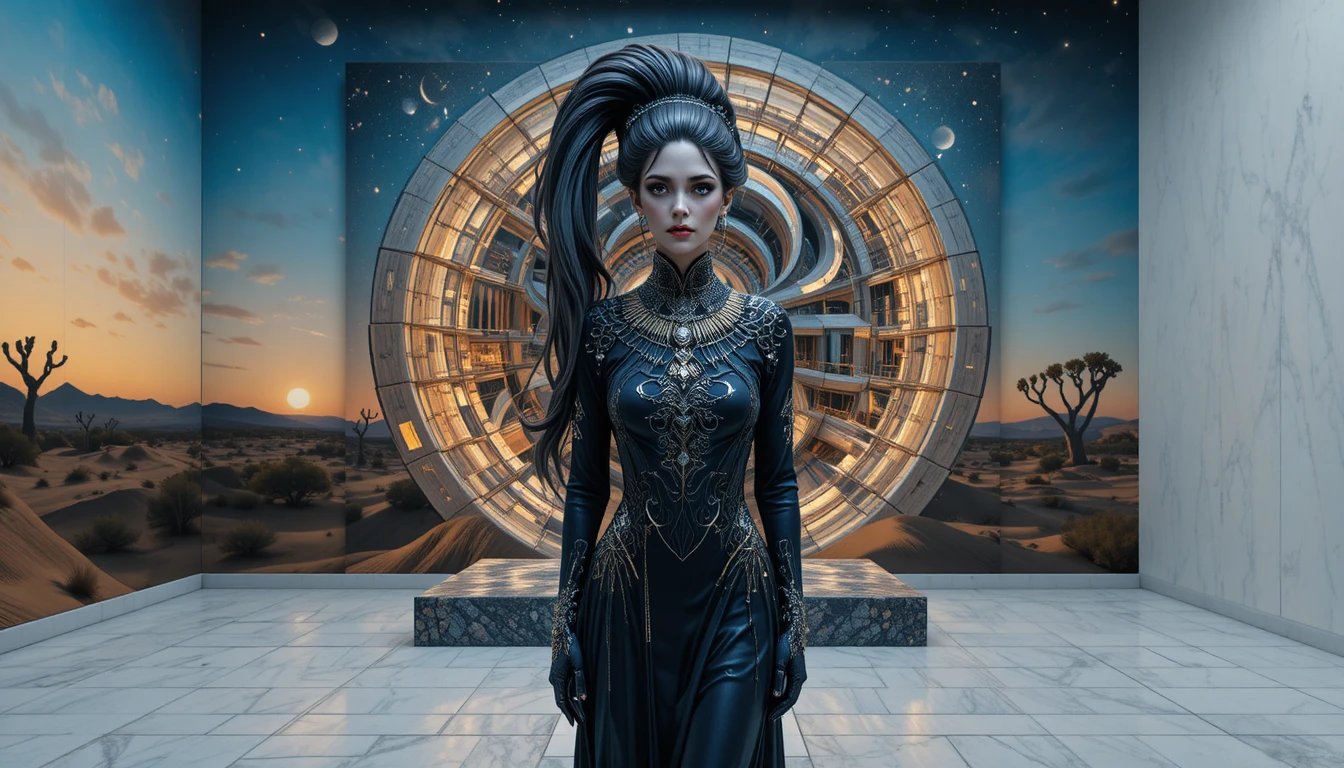 Edificio a spirale futuristico che brilla in un tramonto nel deserto
