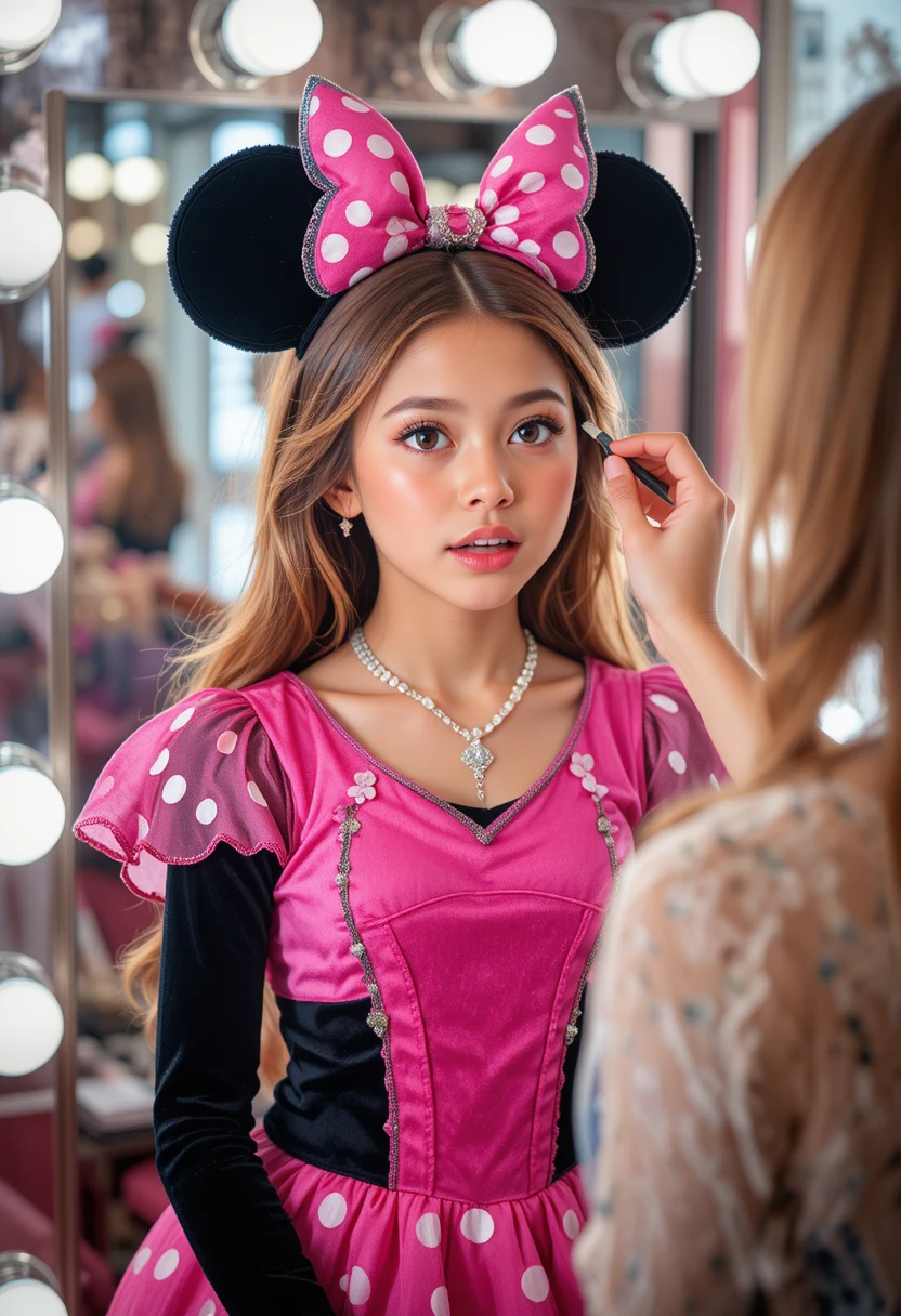 Junger Junge im rosa Minnie-Kleid bekommt Make-up in Boutique