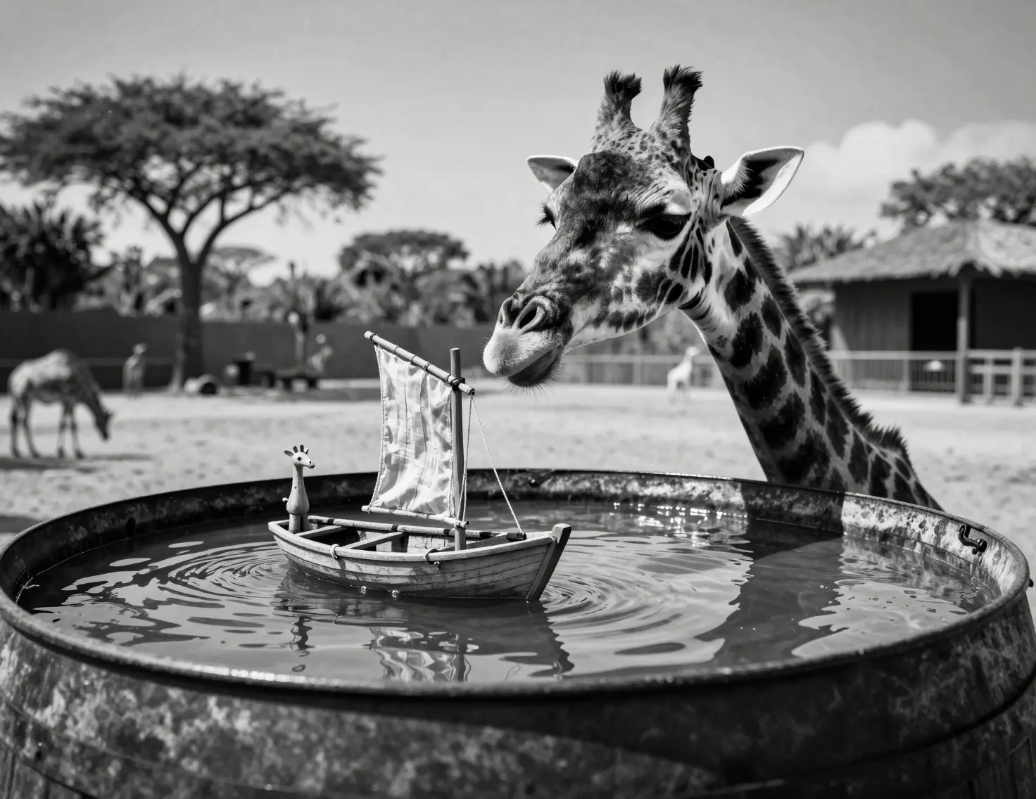 Giraffa che soffia una minuscola barca sull’acqua di una botte
