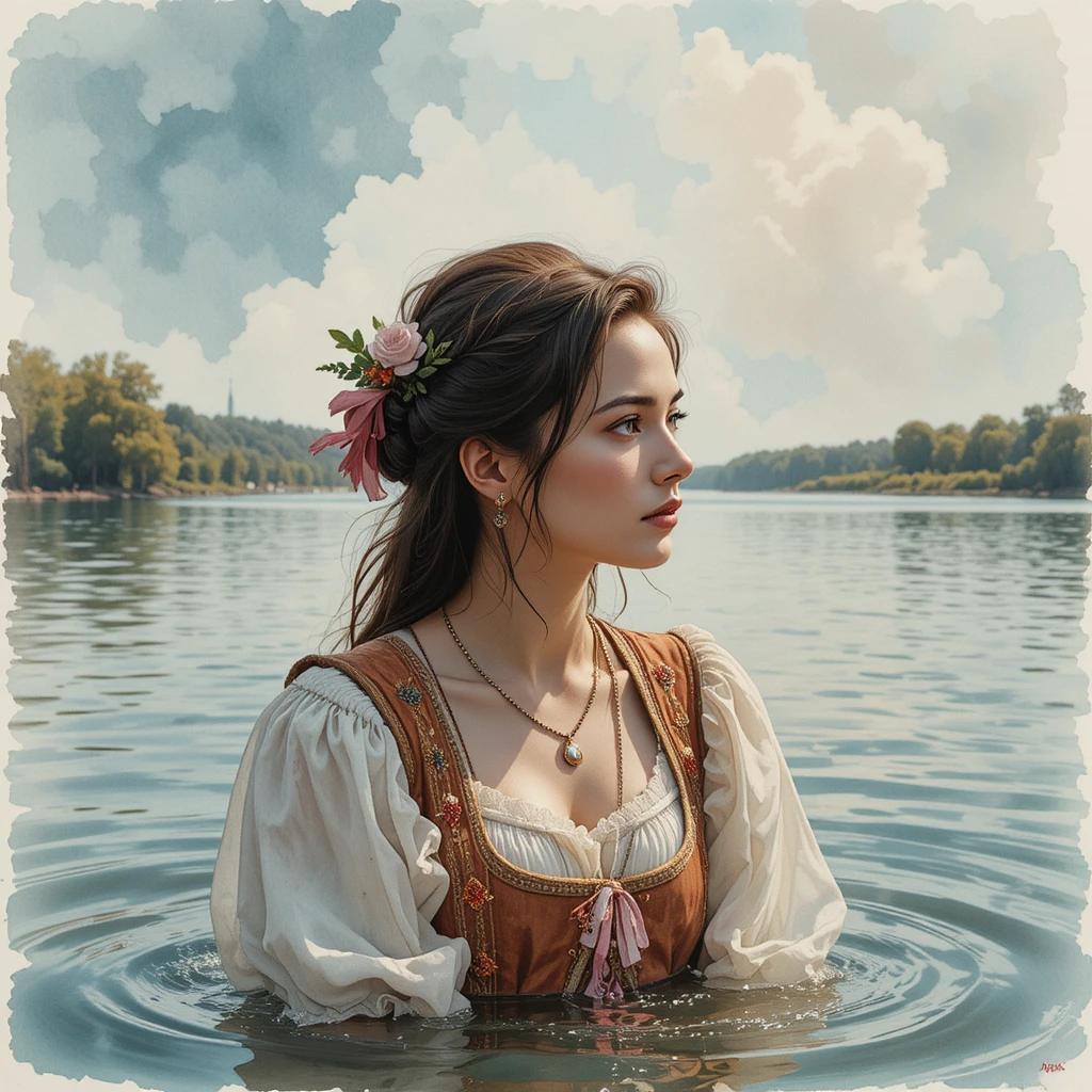 Mulher em um rio contemplando seu reflexo espelhado
