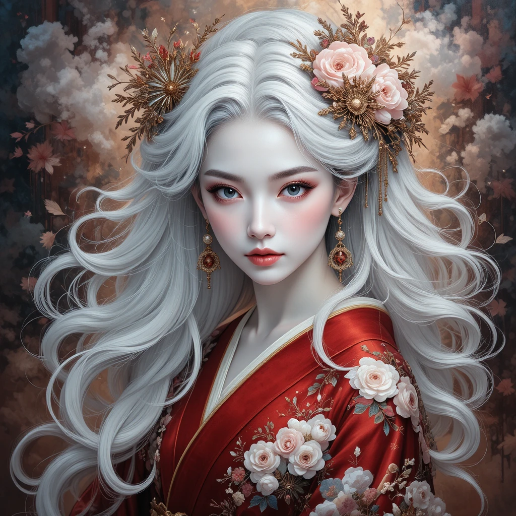 Mystisches Geisha-Porträt mit wehenden Haaren und rotem Kimono