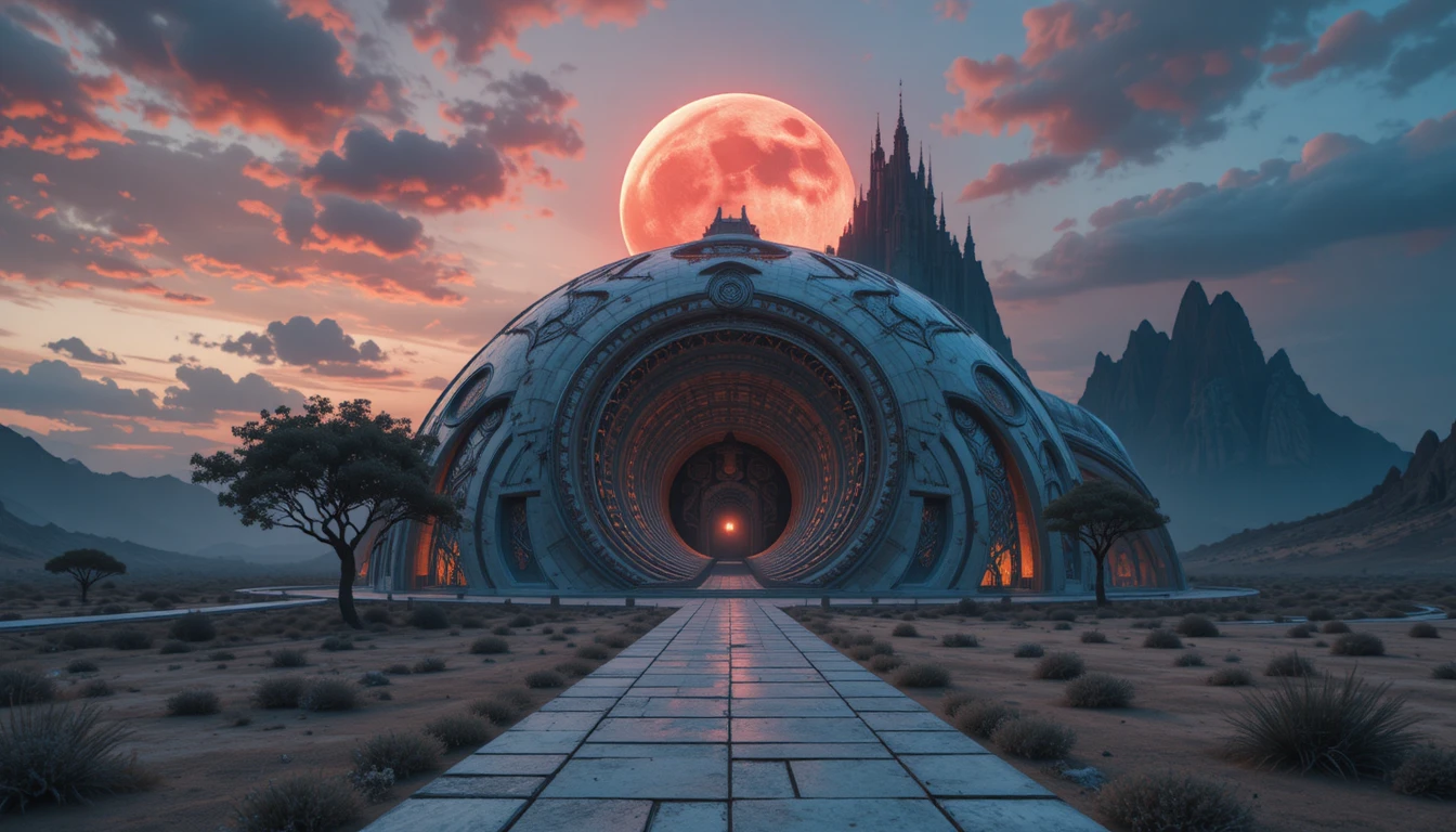 Surreales Spiralgebäude unter einem Himmel in der Dämmerung mit Baum