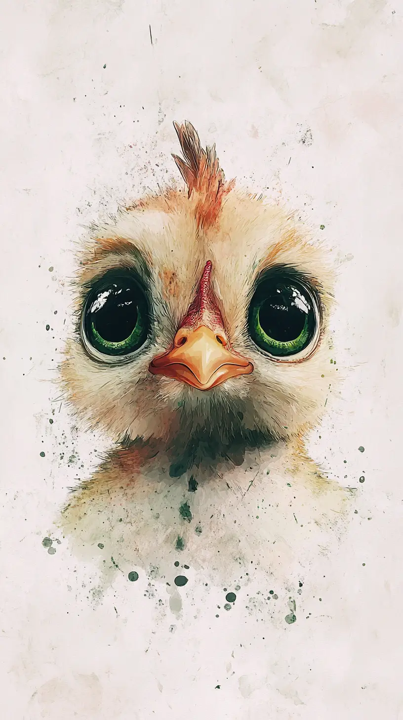Poulet en Aquarelle Fantaisiste aux Grands Yeux Verts Brillants