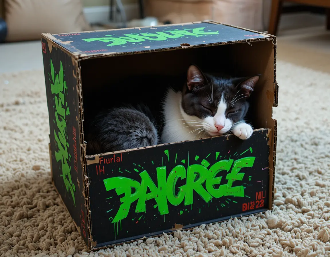 Gatto che dorme in una scatola di cartone su un tappeto decorato