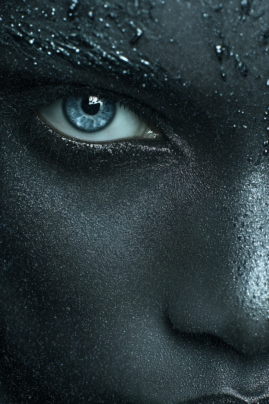 Close up dark fantasy eyes emerging from deep shadow