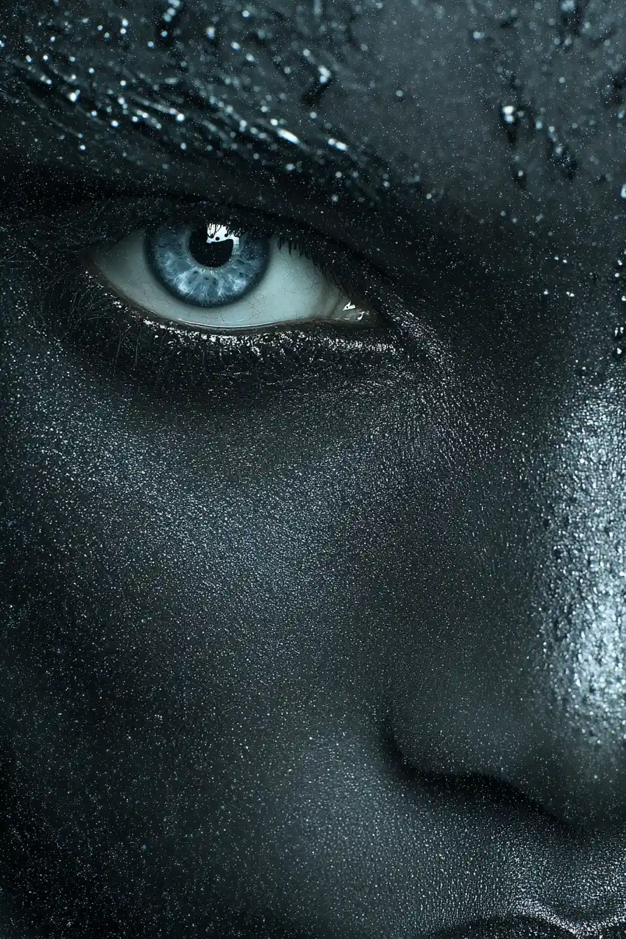 Close up dark fantasy eyes emerging from deep shadow