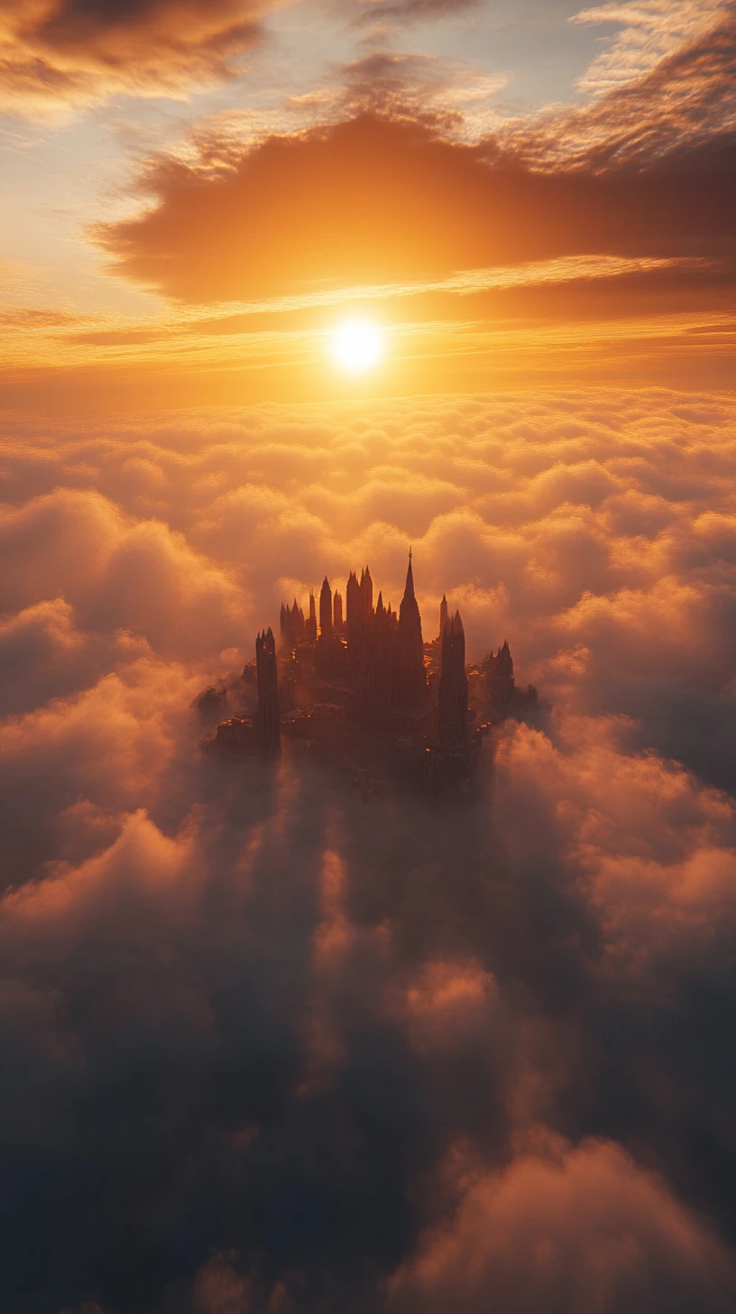 Fortaleza medieval banhada pelo sol erguendo-se sobre um mar de nuvens infinito