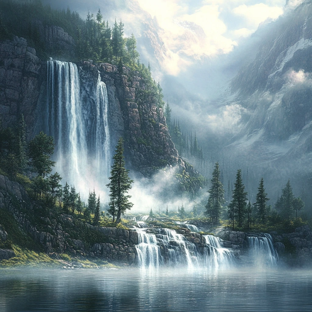 Cascade sereine se déversant dans un lac forestier embrumé