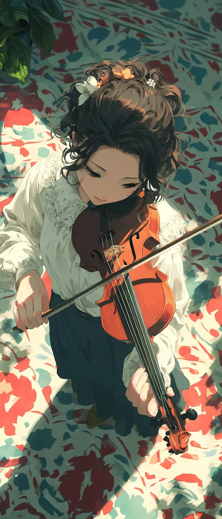 Violonniste d’anime jouant dans un atelier d’art coloré baigné de soleil
