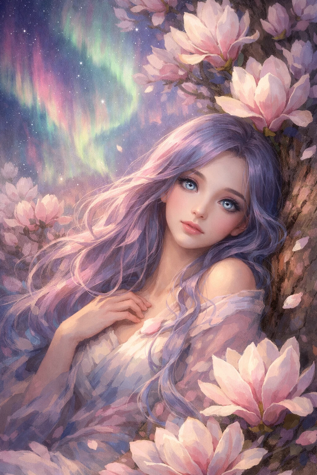 Ethereal woman resting by a blooming magnolia under aurora