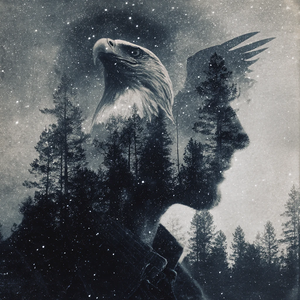 Mistica doppia esposizione di una testa, una foresta e un’aquila in volo