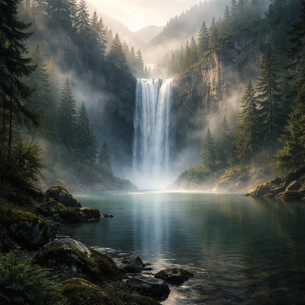 Nebliger Waldwasserfall, der in einen ruhigen See stürzt