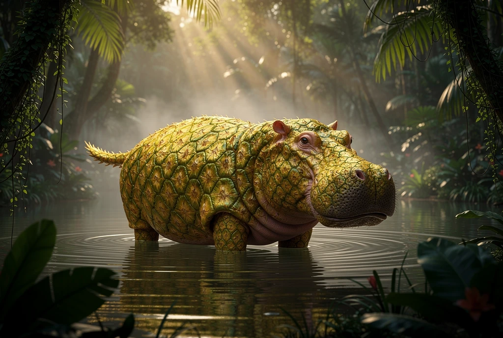 Hippopotame à peau d’ananas dans un lac de forêt tropicale