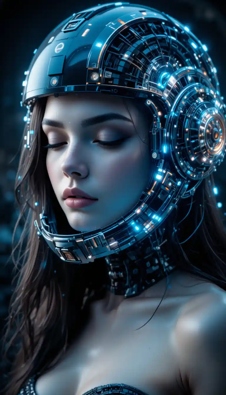 Woman in metallic sci fi helmet with glowing circuitry